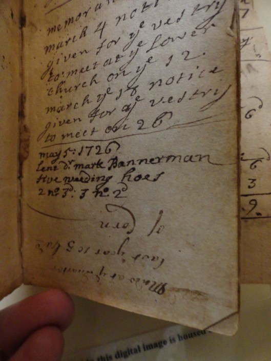 1726 05 05 Bannerman, Mark - borrows garden hoes from Parson Latane, closeup - Copy